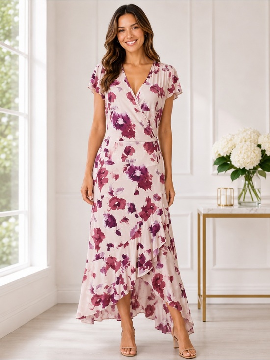 Juicy Couture Dresses & Skirts - Juicy Couture Pink Floral Faux Wrap High Low Ruffle Midi Dress NWT M